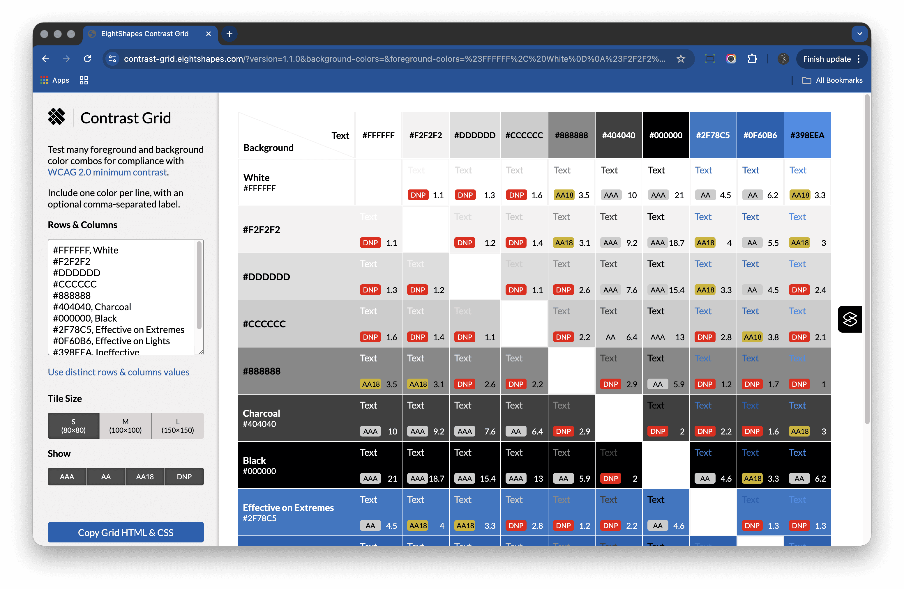 Screenshot of the EightShapes Contrast Grid tool showing a matrix of foreground and background colour combinations with contrast ratings such as AA, AAA, and “DNP” for failures. A list of colour values is shown on the left and the grid of results on the right.