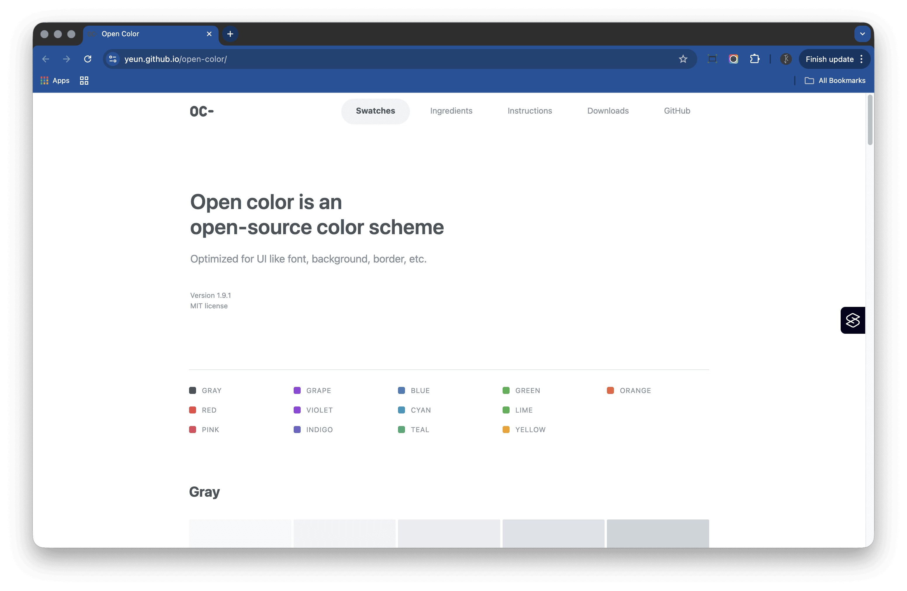 Screenshot of the Open Color website showing an open-source UI colour scheme with swatches for multiple hues including gray, red, pink, grape, violet, blue, cyan, and green.