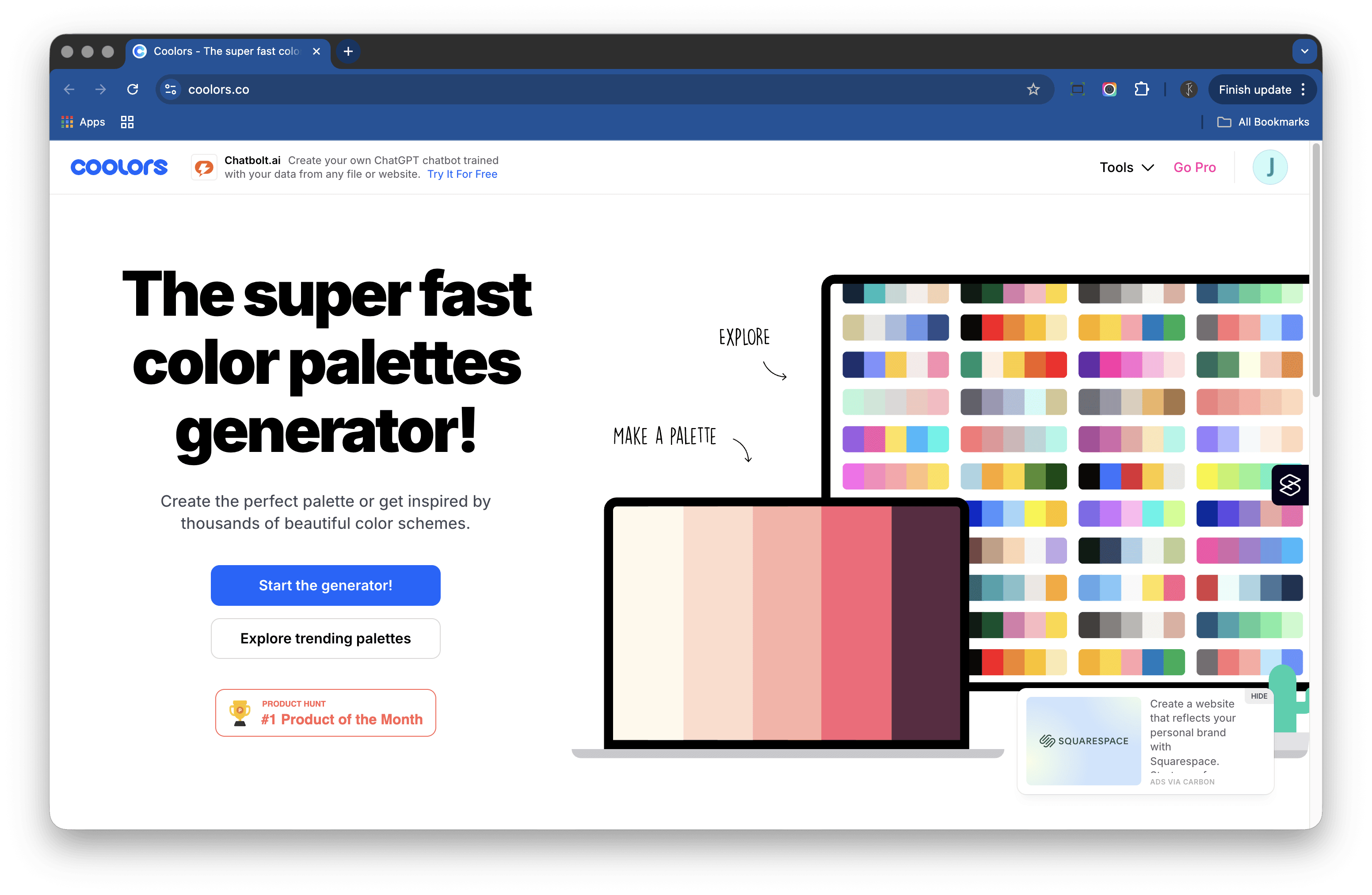 Screenshot of the Coolors homepage with the headline “The super fast color palettes generator!” and a button to start the generator. The page shows colourful palette thumbnails in the background.