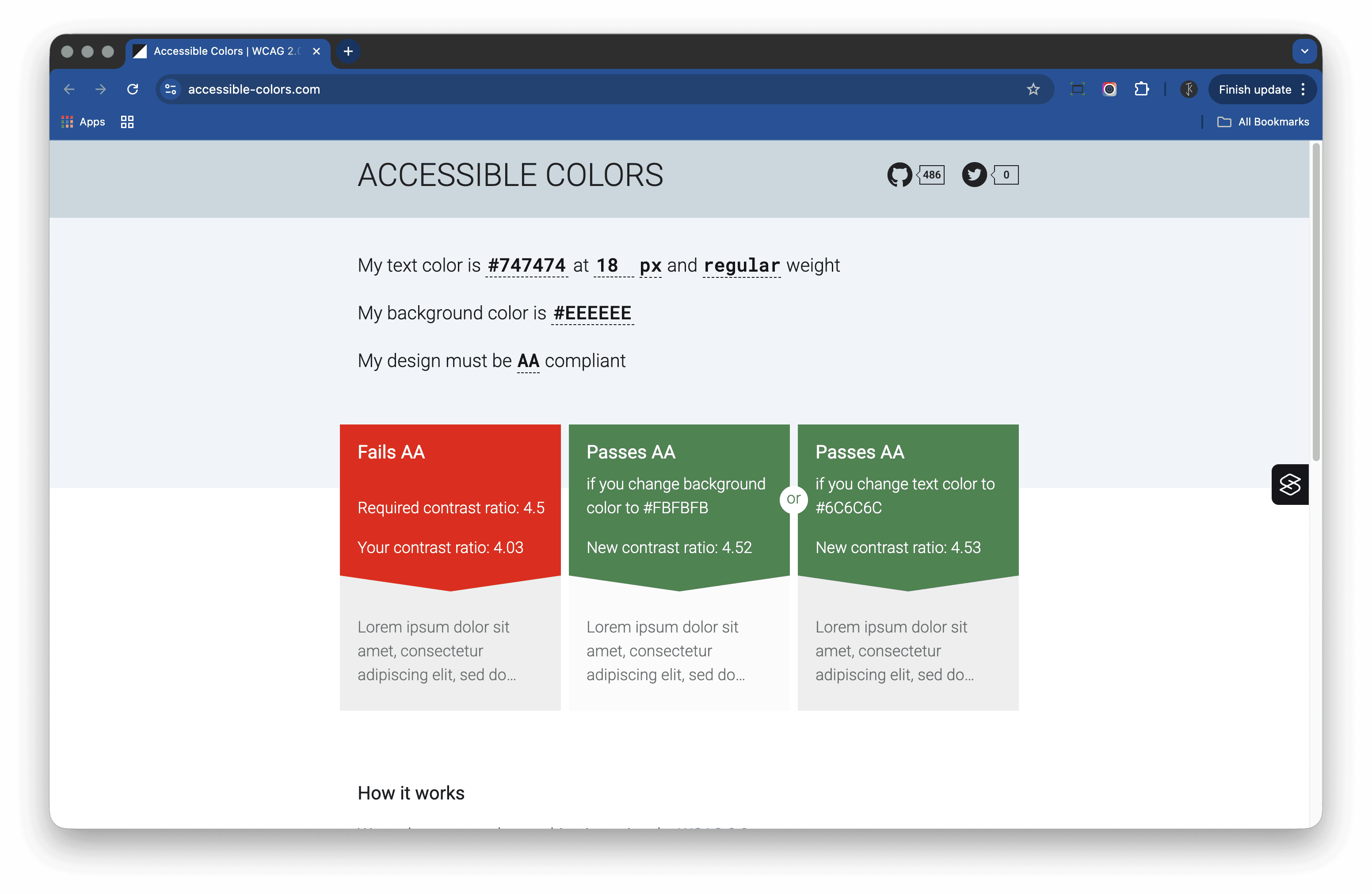 Screenshot of the Accessible Colors website showing a failed AA contrast result for grey text on a light grey background, with suggested colour adjustments to meet AA contrast requirements.