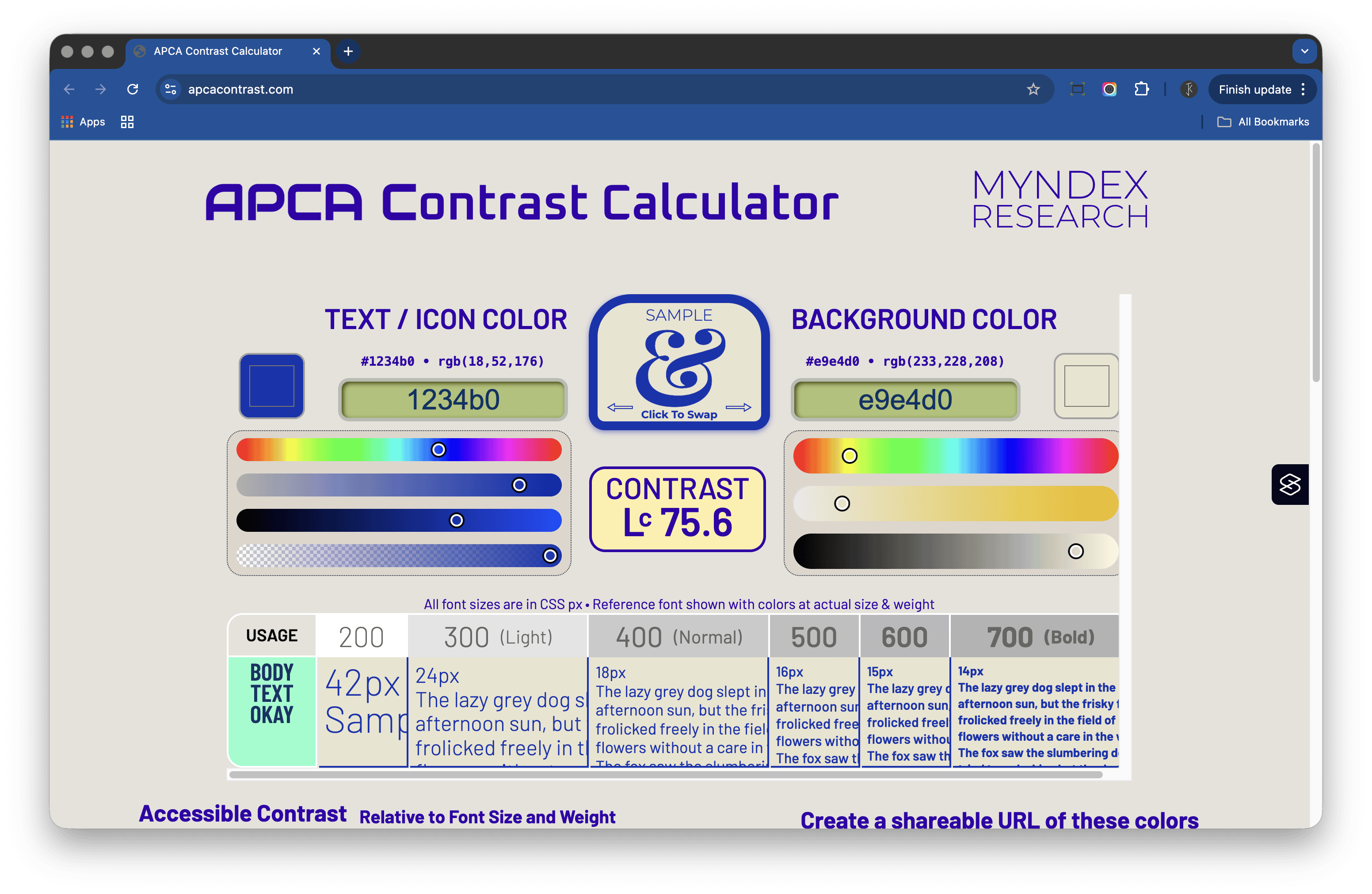 Screenshot of the APCA Contrast Calculator showing text and background colour inputs, sliders, and an Lc contrast score of 75.6, along with guidance for acceptable font sizes and weights.