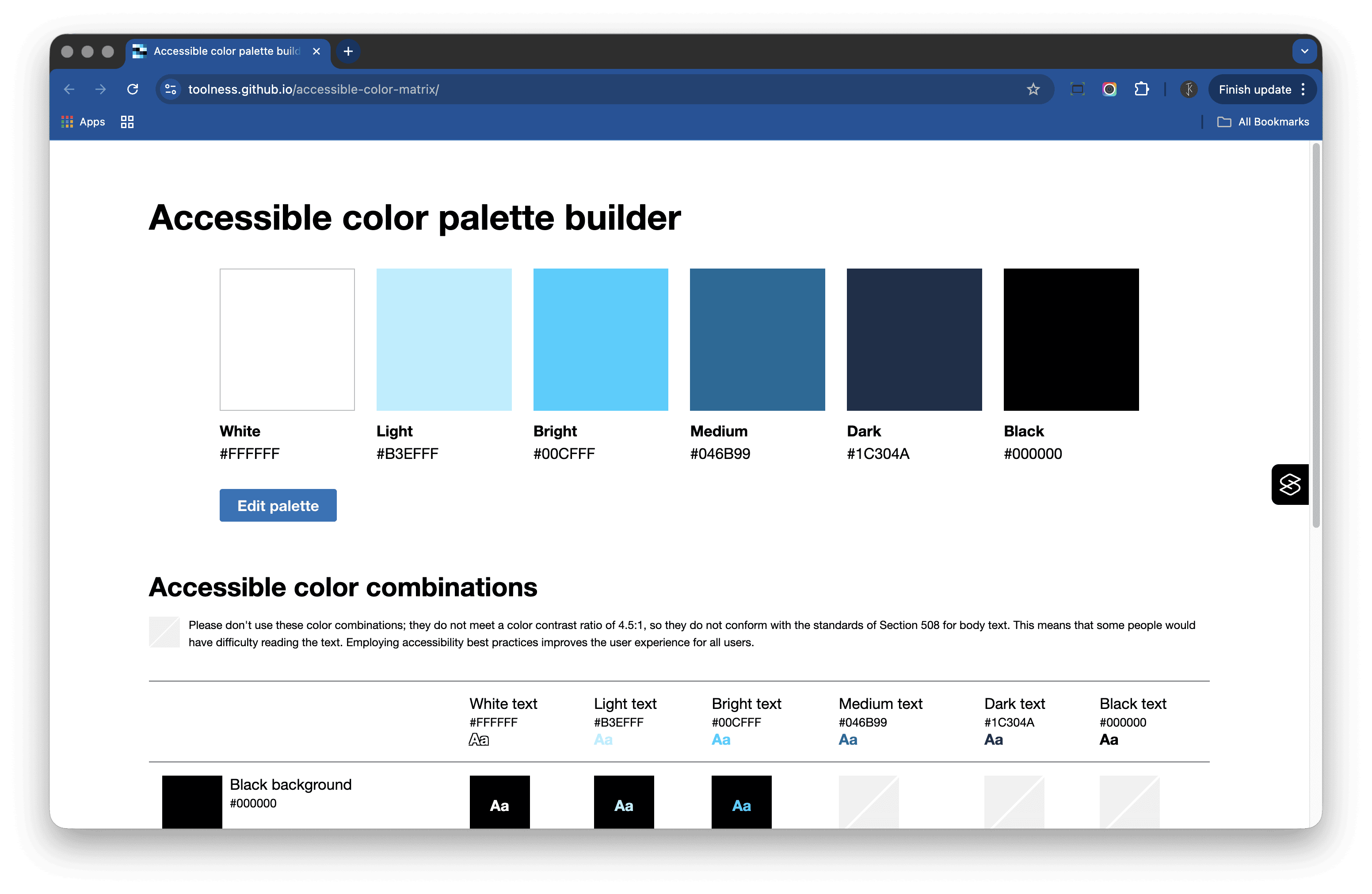 Screenshot of the Accessible Color Palette Builder tool displaying a five-colour sample palette and a table of accessible colour combinations showing which text colours pass on different backgrounds.