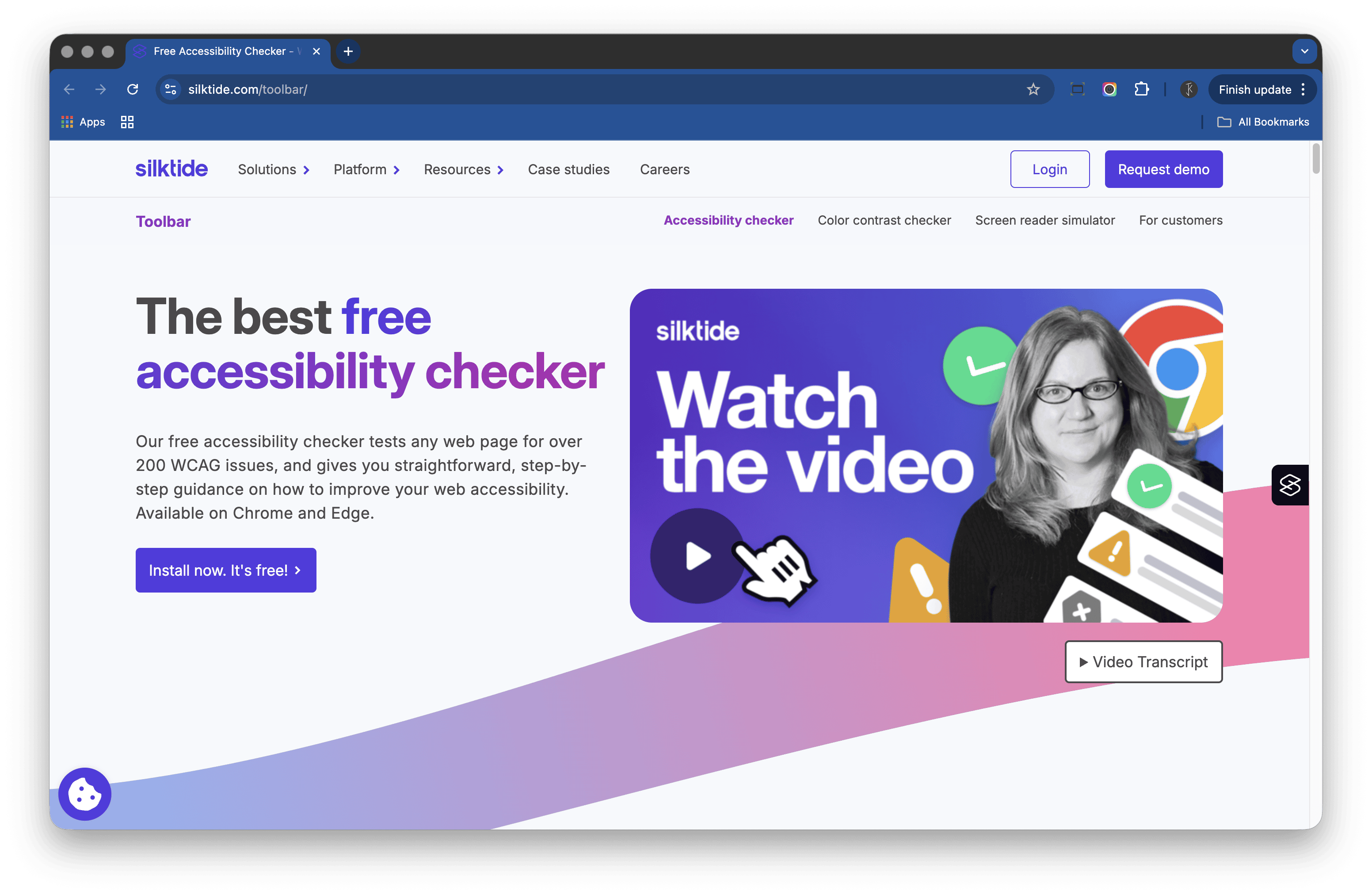 Screenshot of the Silktide Toolbar webpage promoting the free accessibility checker extension, with a heading “The best free accessibility checker” and an install button.