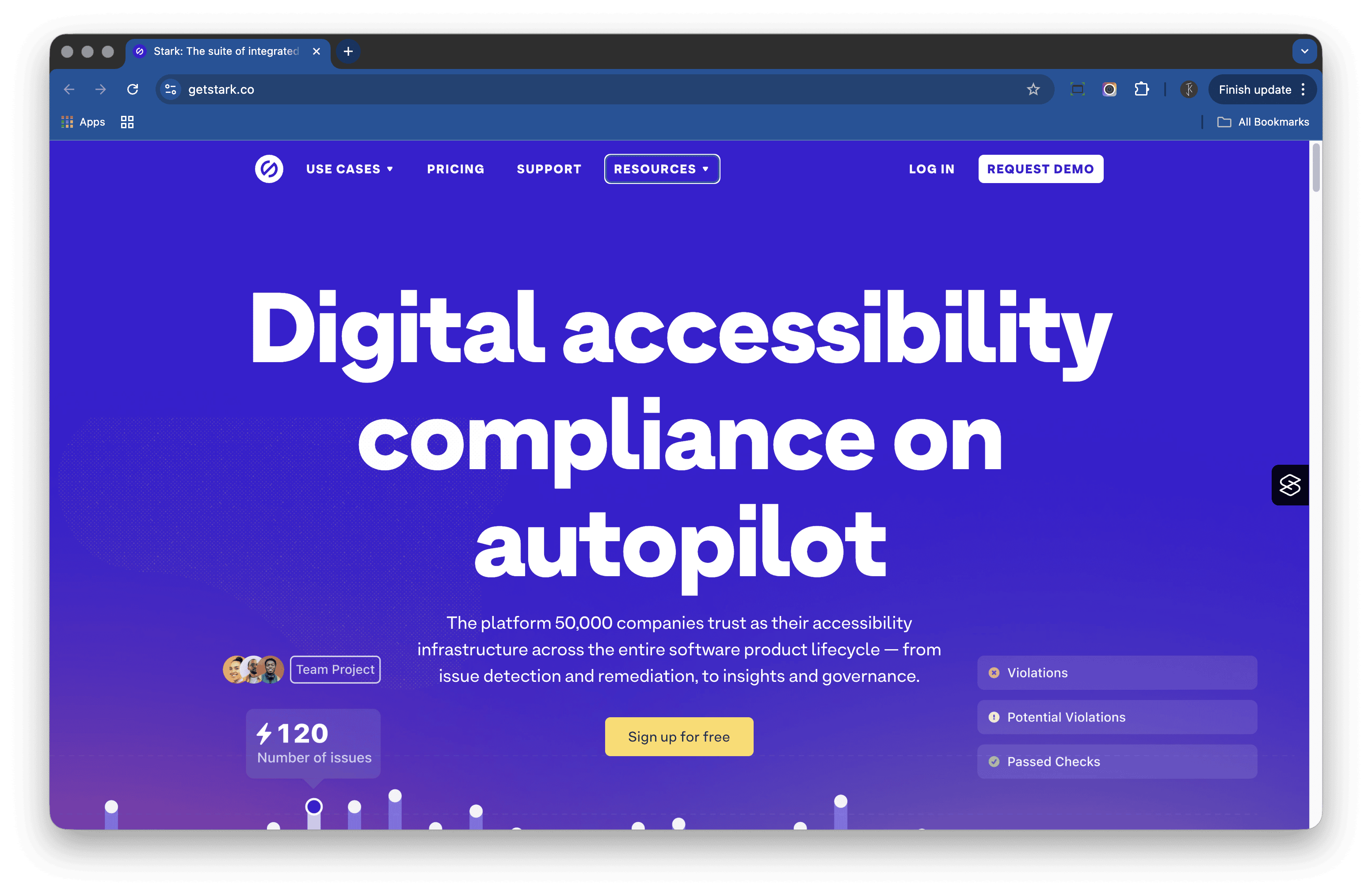Screenshot of the Stark website homepage with the headline “Digital accessibility compliance on autopilot” and a call-to-action to sign up for free.