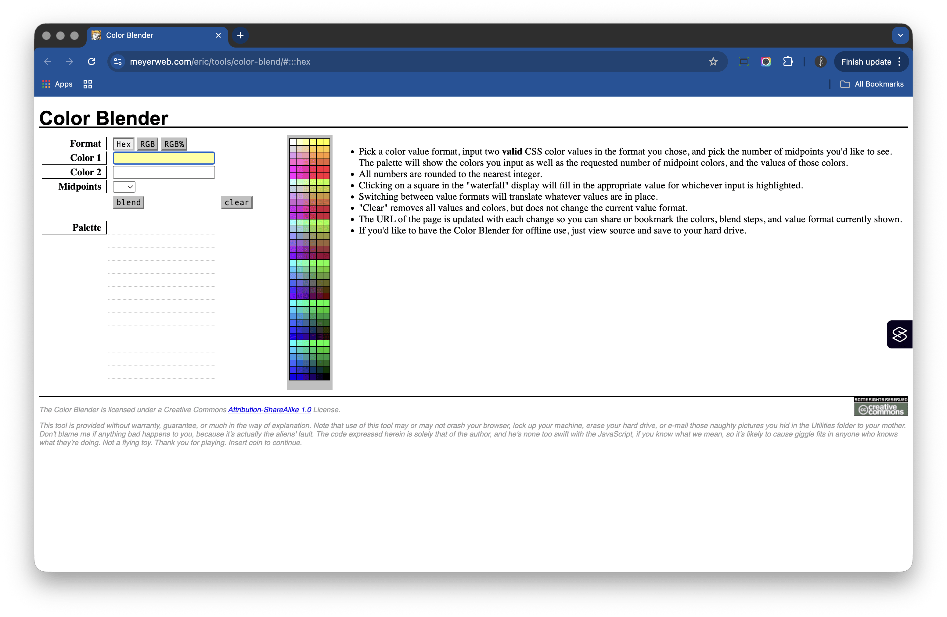 Screenshot of Eric Meyer’s Color Blender tool, showing inputs for two colours, a selector for the number of midpoints, and a vertical palette of blended colour samples.