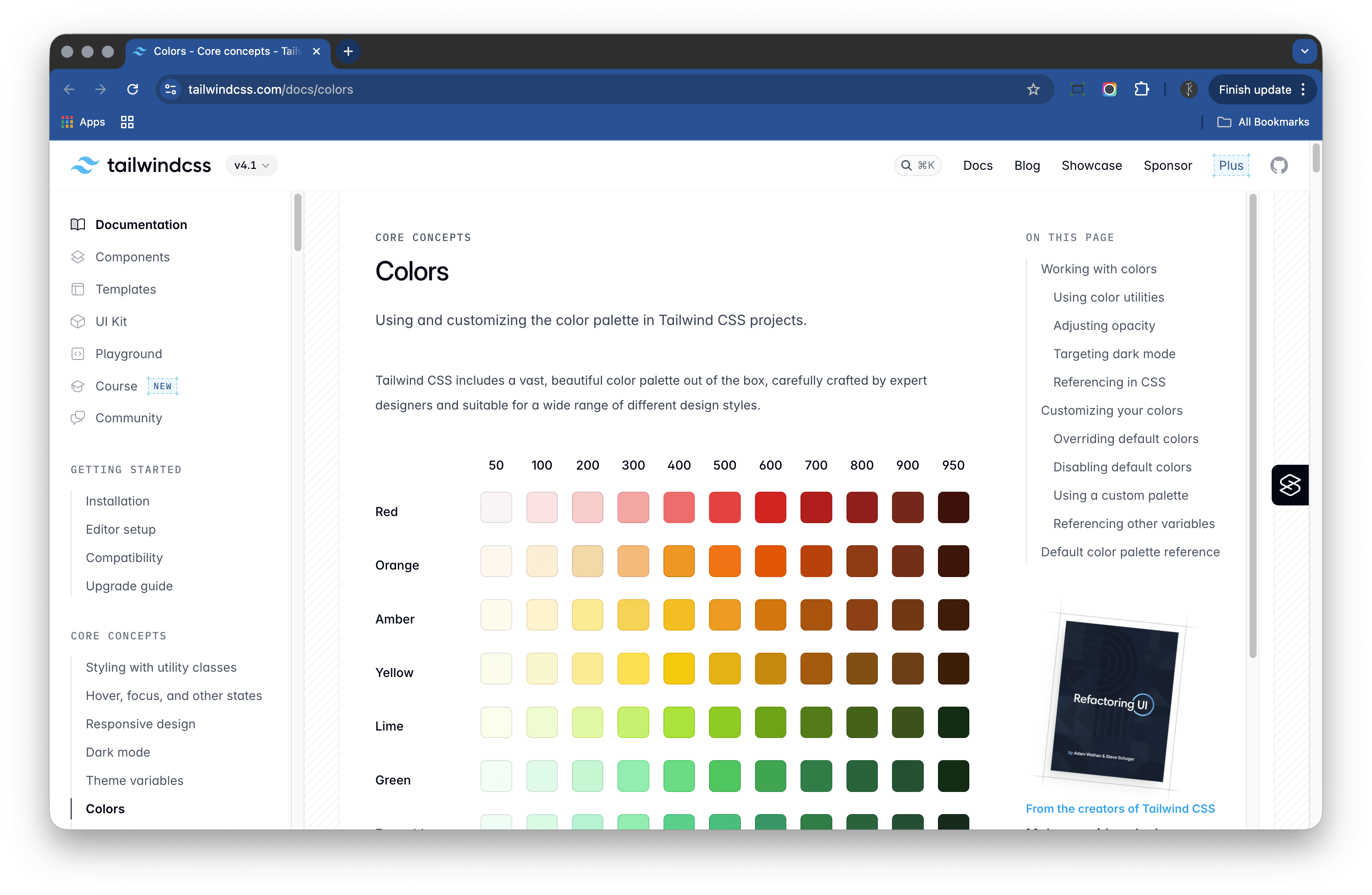 Screenshot of the Tailwind CSS colour documentation showing colour ramps from 50 to 950 for multiple hues including red, orange, amber, yellow, and green.