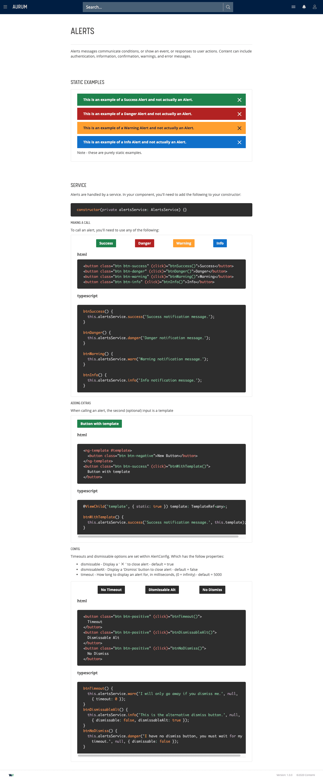 Alert component examples with HTML and TypeScript setup.