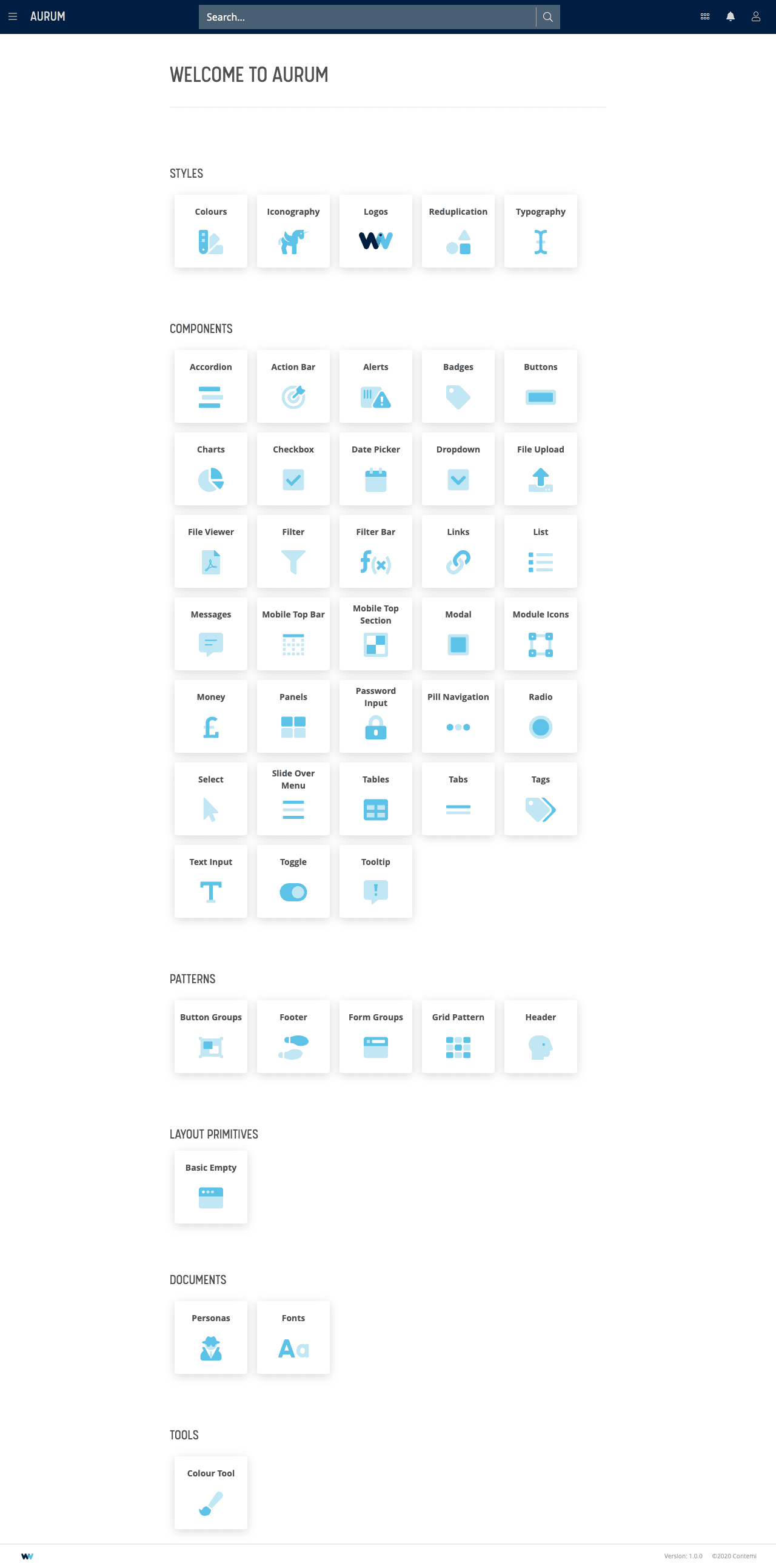 Aurum design system welcome screen with icons for styles, components, and patterns.