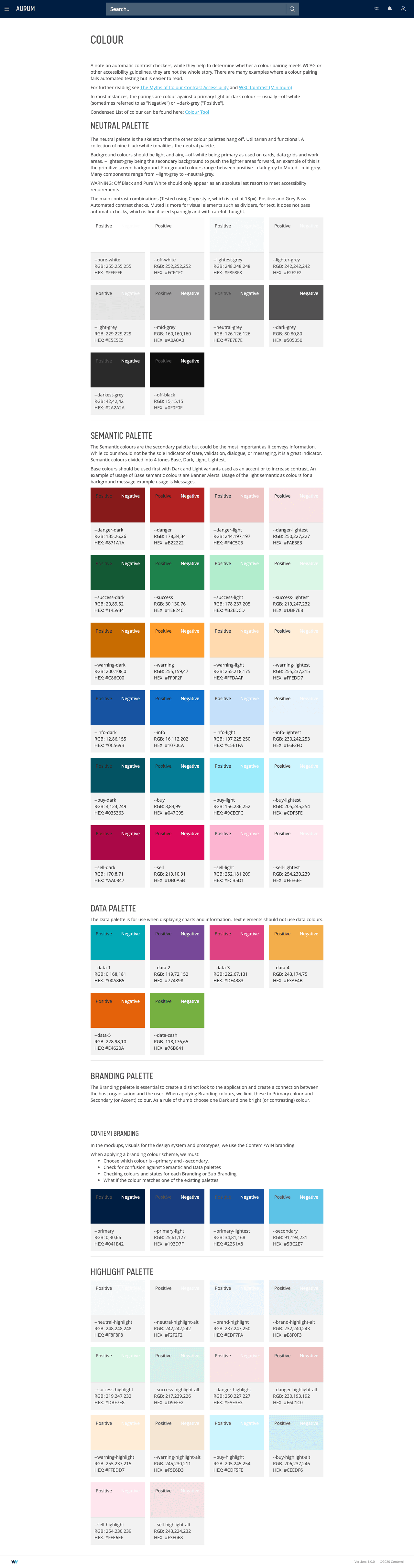Colour system showing neutral, semantic, data, brand, and highlight palettes.