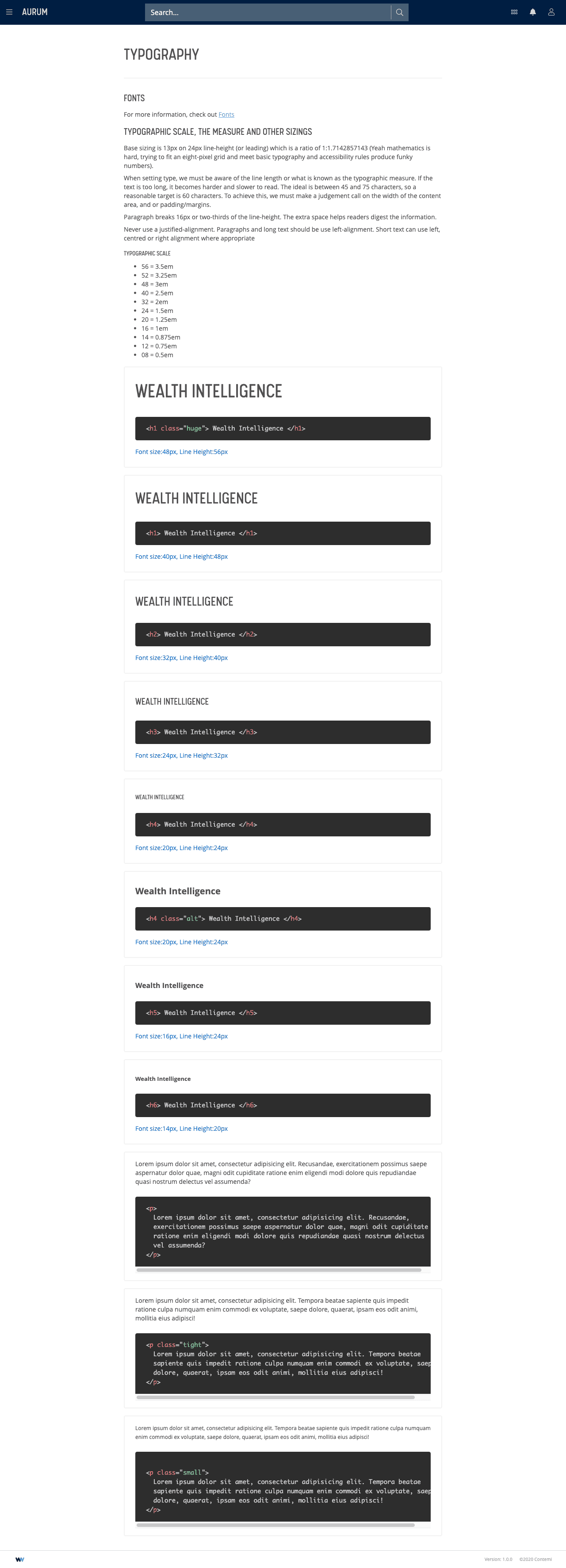 Typography documentation detailing font scale, heading styles, and code examples for usage.