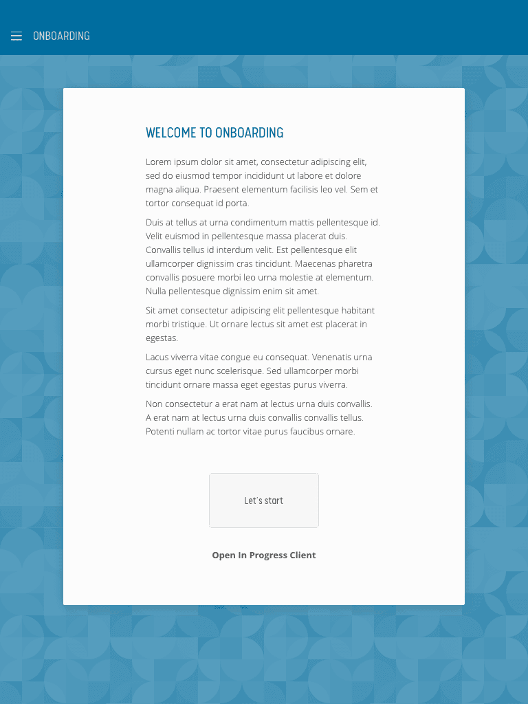 Onboarding welcome screen with geometric background and introductory message.