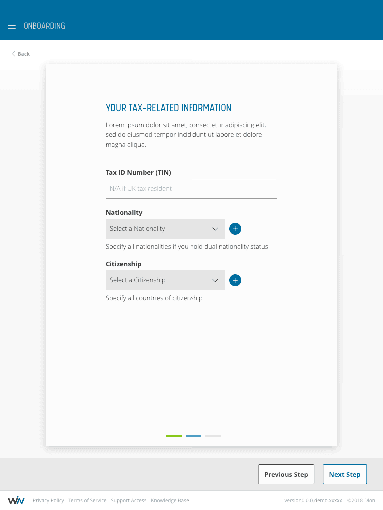 Customer type and service type screen with highlighted selection for ‘Individual’ and ‘Advisory’.