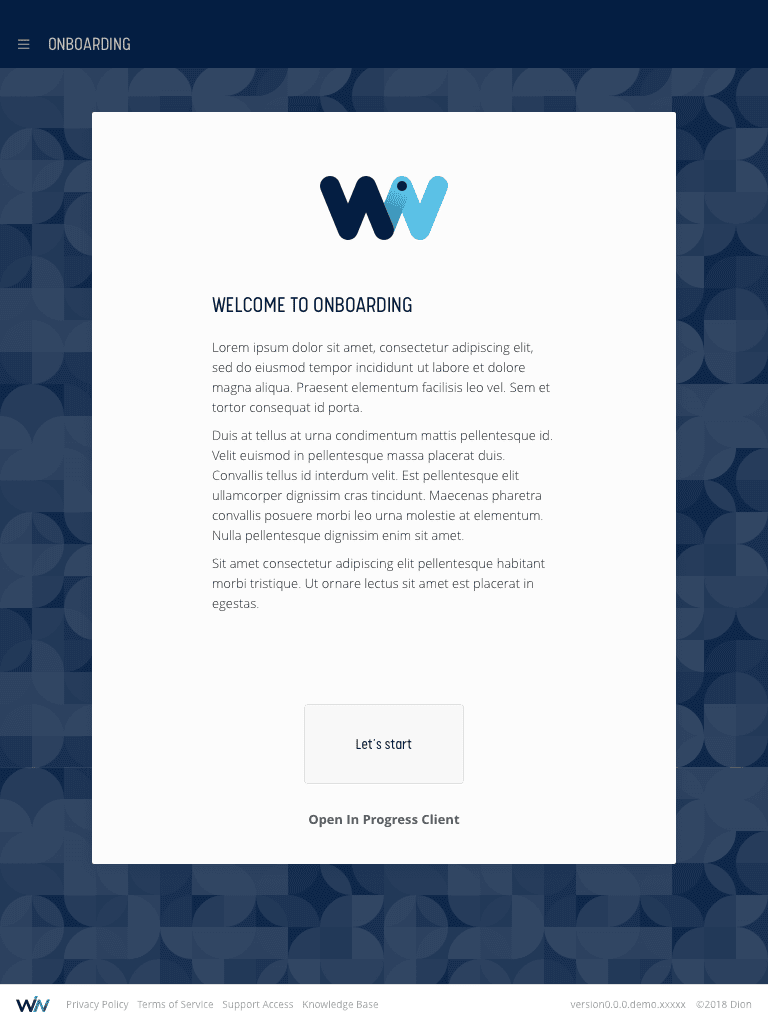 General white-label theme with onboarding layout styled in a neutral colour scheme.