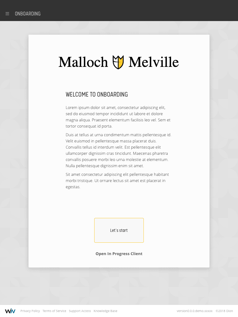 Onboarding screen with MandM-branded theme showing custom styling and logo placement.