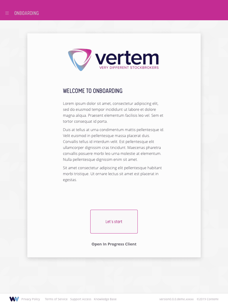 Vertem-branded onboarding UI demonstrating white-labeling flexibility.