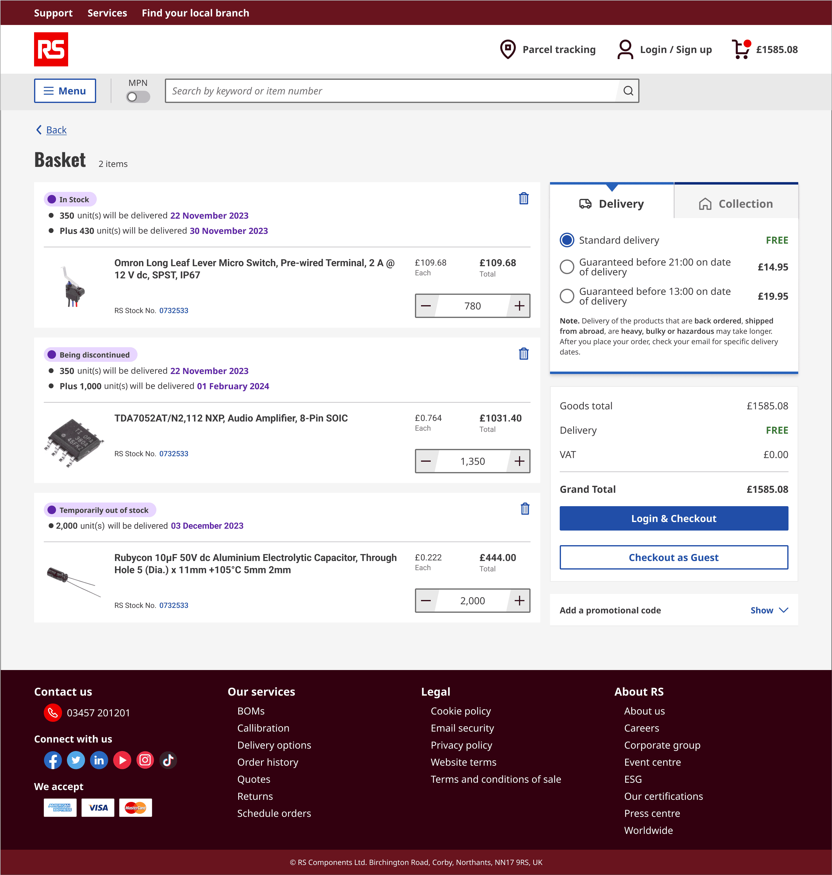 New RS basket screen with revised stock messaging and delivery options summary.
