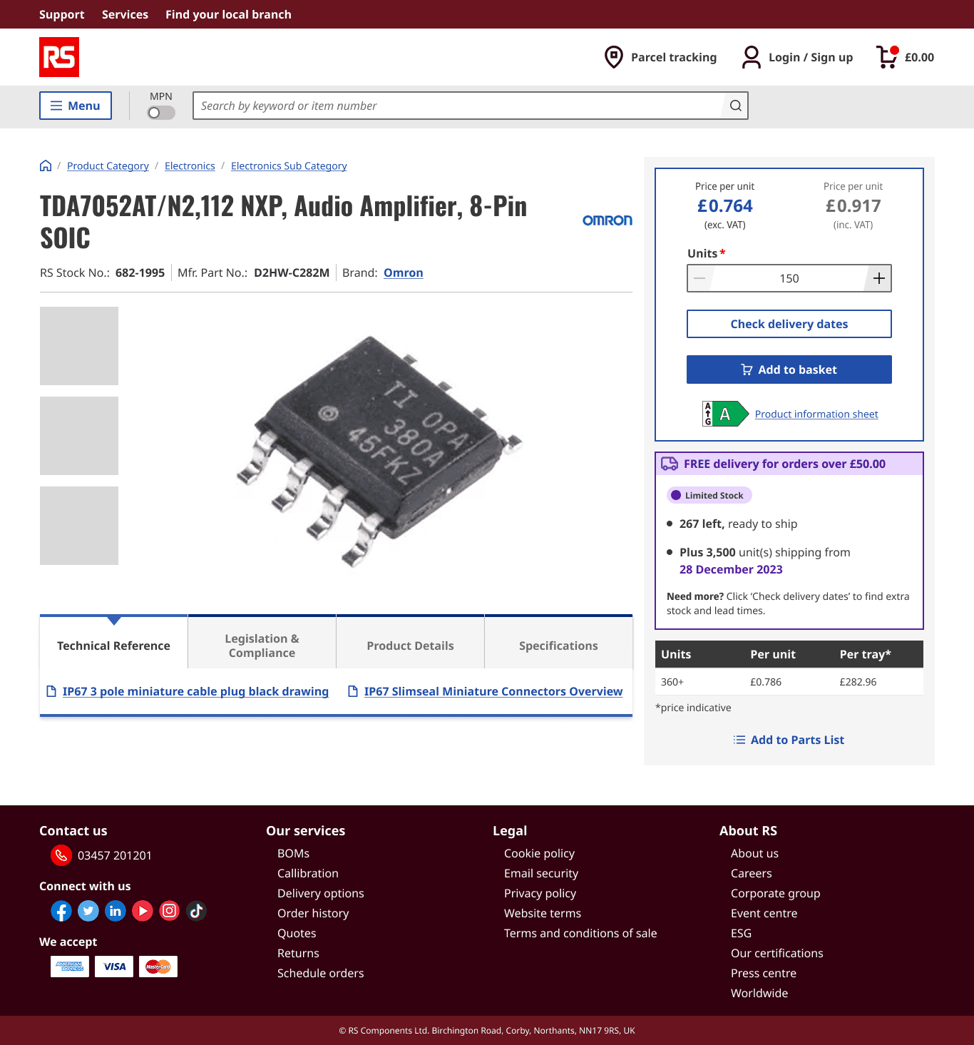 Product display page showing limited stock status with delivery breakdown and messaging.