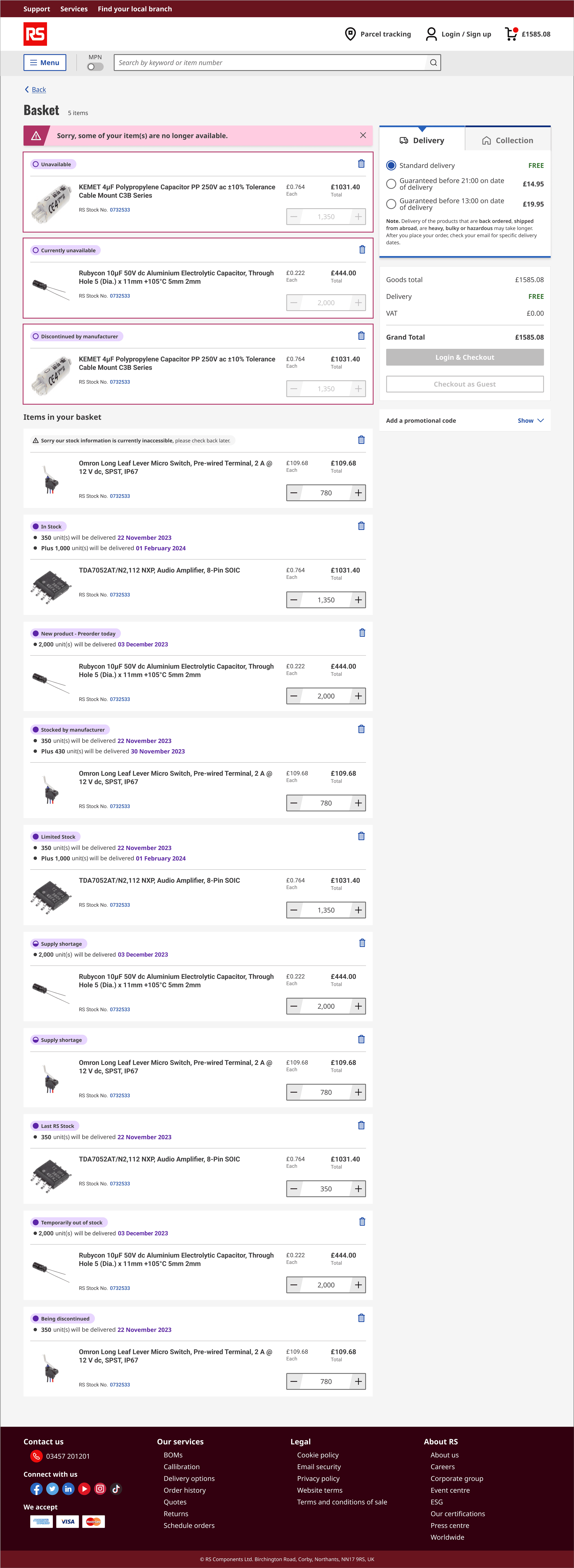Redesigned RS basket screen with simplified delivery messaging and clearer visual hierarchy.