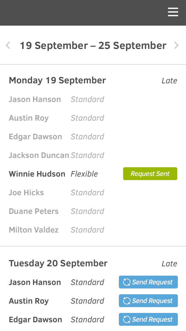 Screen showing current shift allocations with staff and request status