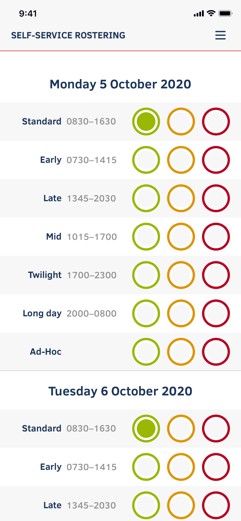 High-fidelity mock-up showing staff shift preferences UI