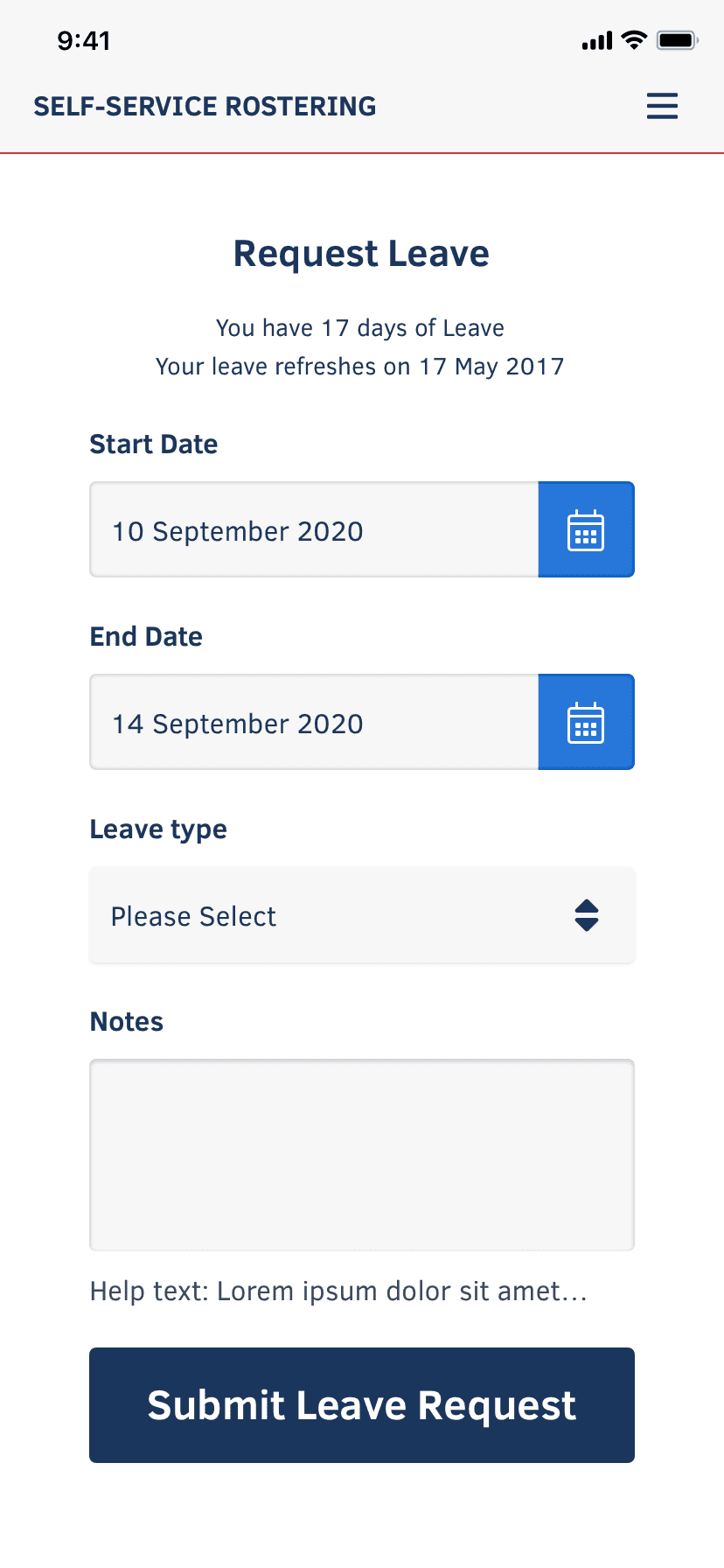 High-fidelity mock-up of a leave request form with start/end date and notes fields