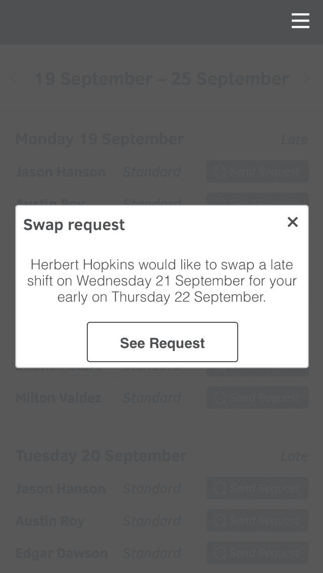 Pop-up modal showing a shift swap request with dates and staff names