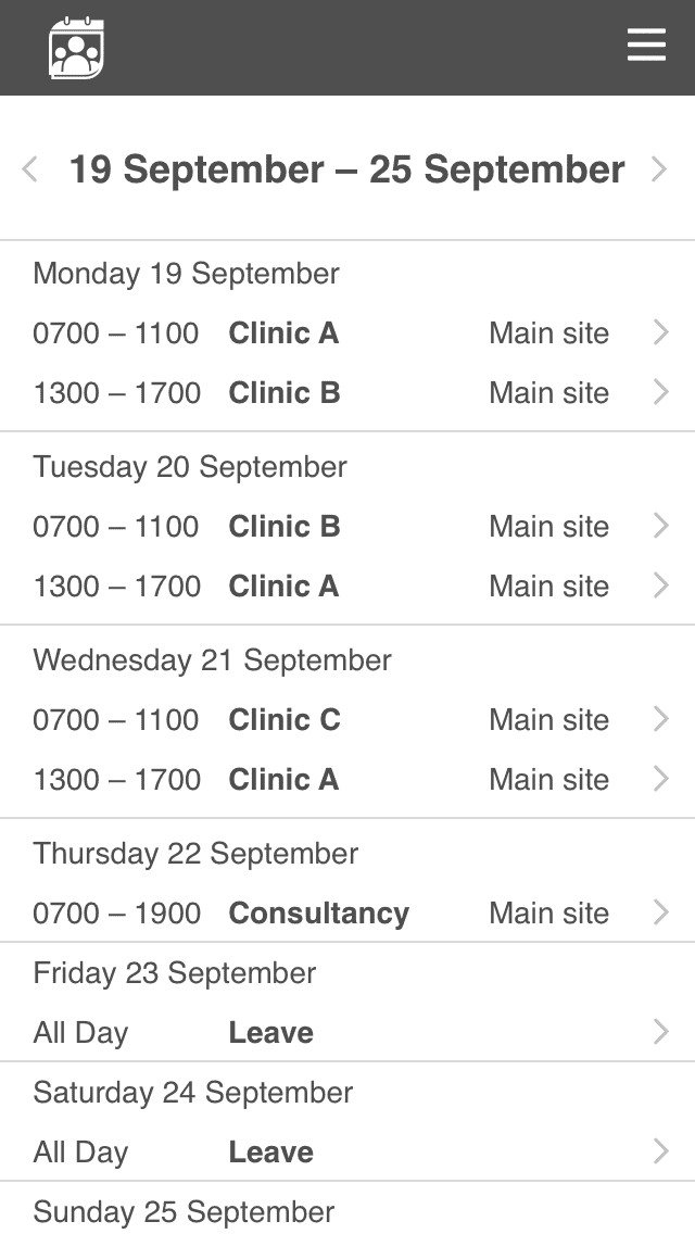 Mobile interface displaying a selected week’s roster by day