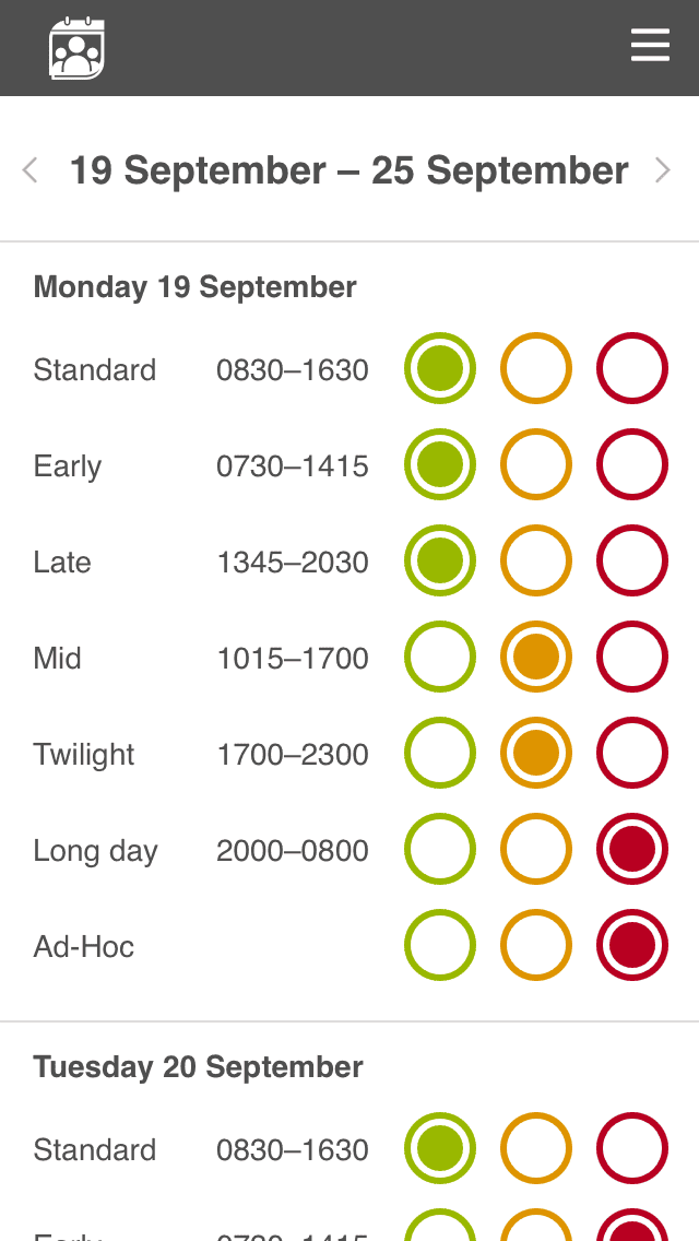 Mobile interface for selecting shift preferences by day and time
